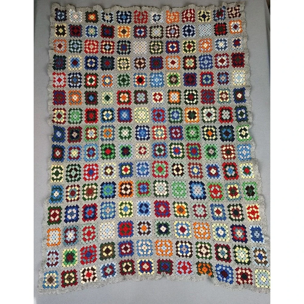 Vintage Granny Square Blanket Crochet Afghan Lap Couch Back 54x41 Gray Border EC